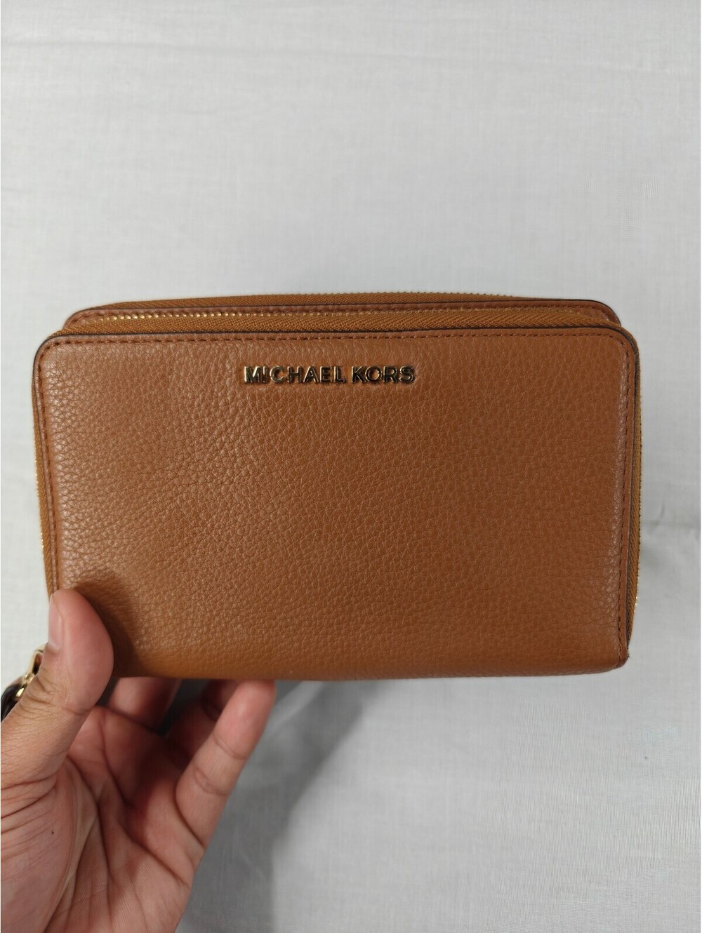 Michael Kors Double Zip Around Wristlet Wallet Luggage Brown Pebbled Leather